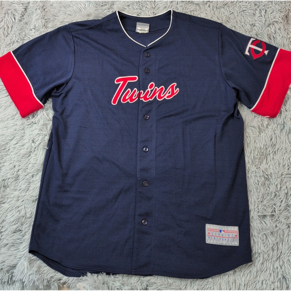 Minnesota Twins Shirt Mens L Blue Jersey MLB Baseball #7 Mauer Button Up Logo